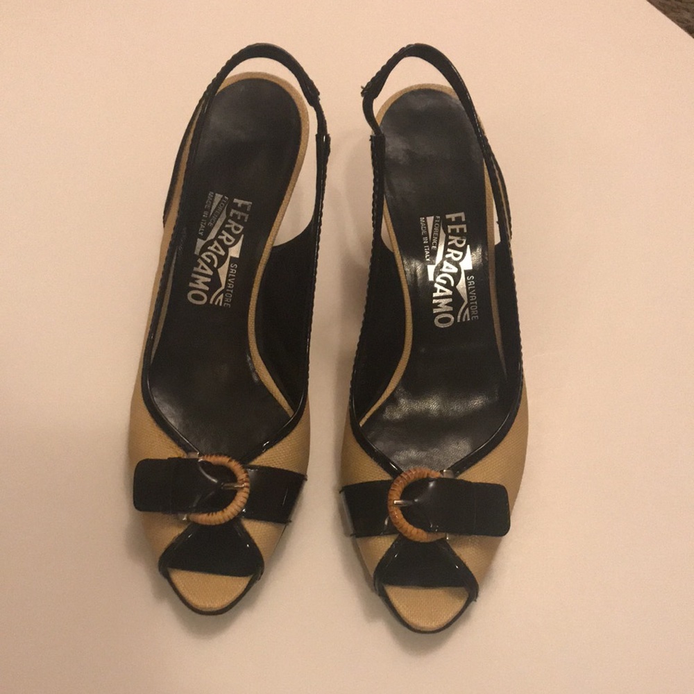 Salvatore Ferragamo straw open toe sling back 9.5